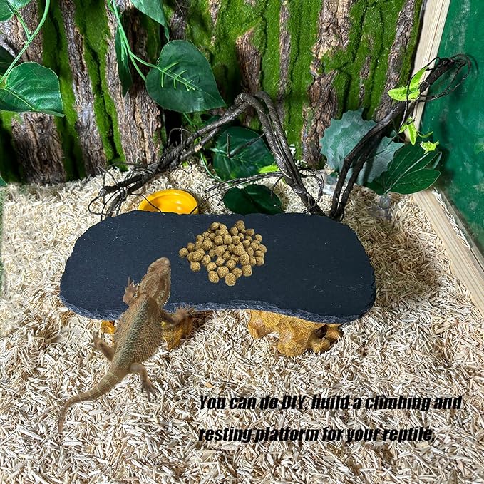 Tfwadmx Reptile Basking Platform,11''x5.5'' Tortoise Rock Plate Feeding Food Bowl Dish Feeding Slate Turtle Bathing Resting Platform for Lizard Gecko Bearded Dragon Chameleon Snake Frog