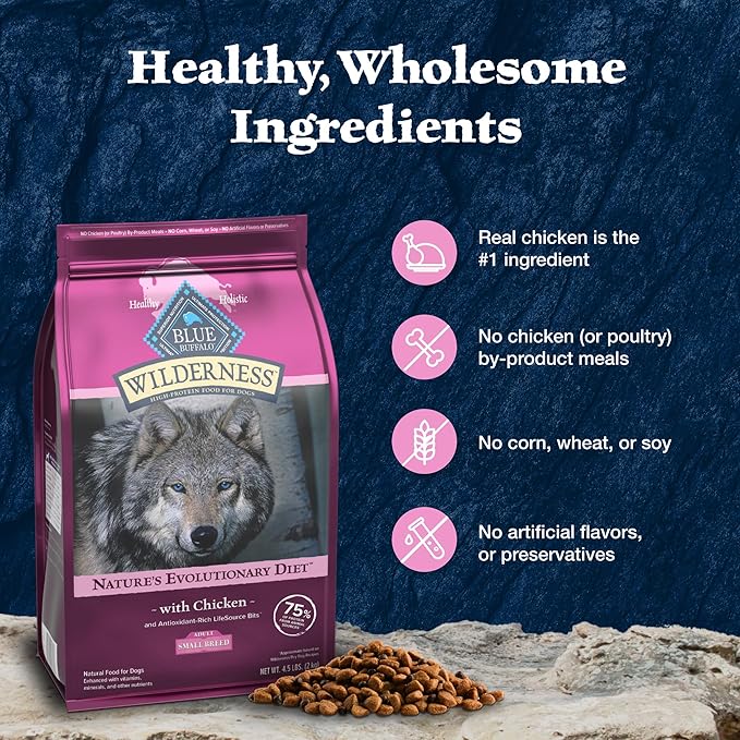 Blue Buffalo Wilderness Adult Small Breed Dry Dog Food with Real Chicken Plus Wholesome Grains, High-Protein Formula, Made in the USA with Natural Ingredients, Chicken, 4.5-lb. Bag