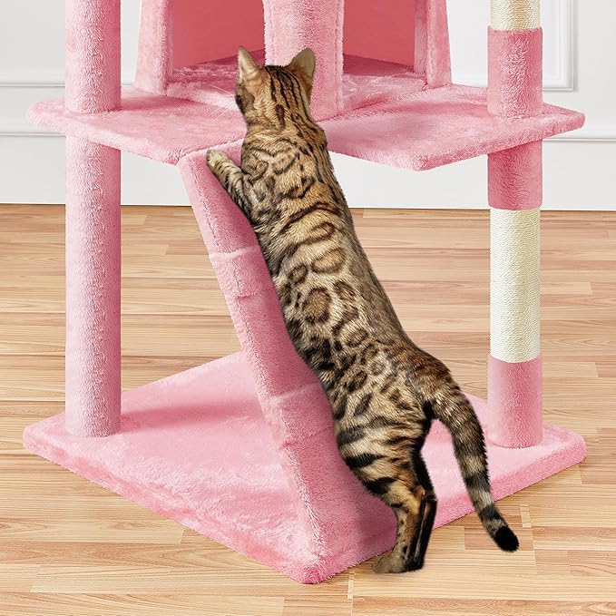 Yaheetech XL Cat Tree, 80in Multi-Level Cat Tower w/Cat Scratching Posts, Double Cat Condo, Perched Platforms and Dangling Balls, Cat Activity Center for Kittens Pets, Pink