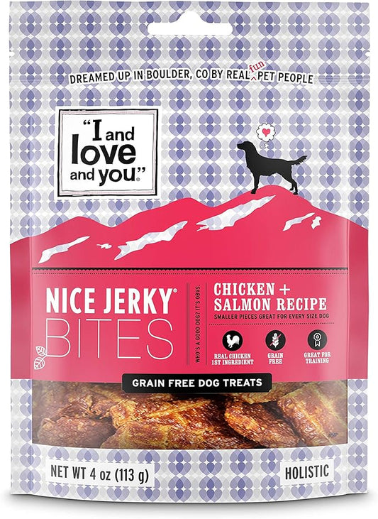 I and love and you Nice Jerky Bites - Chicken + Salmon - Grain Free, Real Beef, Training Treat, Chewy Dog Treats, Filler Free, 4oz