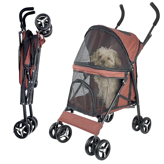 Umbrella shaped Lightweight 4 Wheel Dog Stroller for Medium Small Dogs, Portable Compact Pet Stroller with Breathable Mesh, Perfect for Travel,Jogging,up to 22lbs(Red)