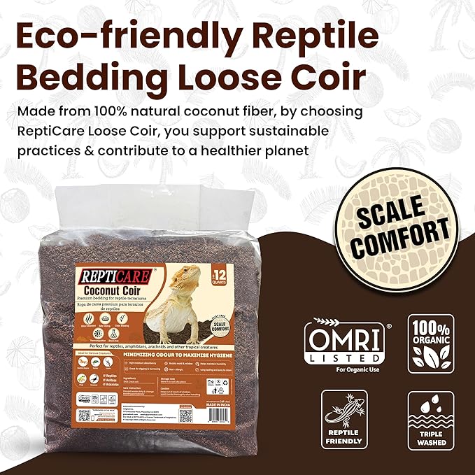 ReptiCare Coconut Fiber Substrate for Reptiles 12 Q, Organic Ready to Use - Odor Absorbent Coco Coir Terrarium Bedding for Ball Pythons, Boas, Snakes, Tortoises, Geckos, Frogs and Tarantulas
