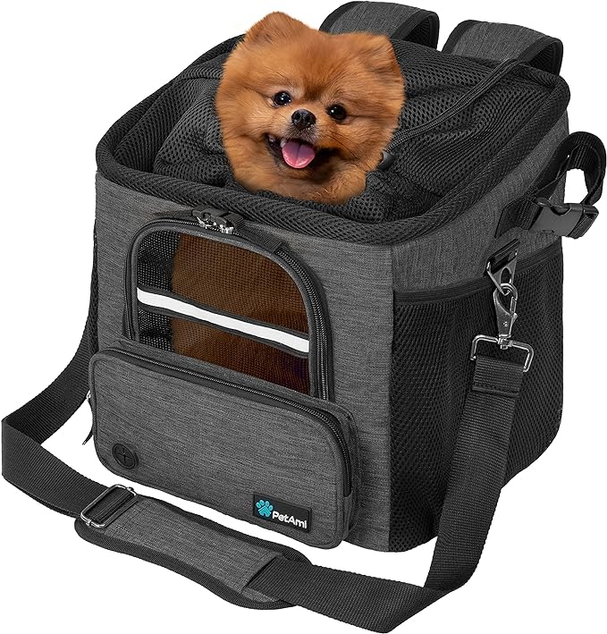 PetAmi Dog Bike Basket, Soft-sided Ventilated Dog Bike Carrier Backpack, Dog Pet Bicycle Basket for Bike Handlebar, Small Medium Puppy Cat Kitten Car Booster Seat with Safety Strap (Dark Gray)