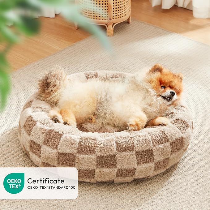 Love's cabin Round Donut Cat and Dog Cushion Bed, 20in Pet Bed For Cats or Small Dogs, Anti-Slip & Water-Resistant Bottom, Super Soft Durable Fabric Pet beds, Washable Luxury Cat & Dog Bed Brown Plaid