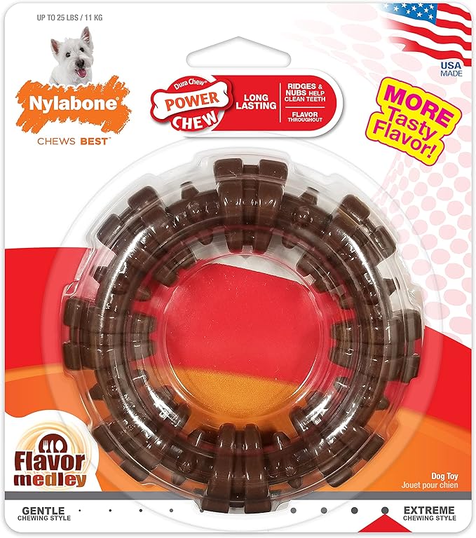 Nylabone Power Chew Textured Dog Chew Ring Toy - Tough and Durable Dog Chew Toy for Aggressive Chewers - Flavor Medley, Small/Regular (1 Count)