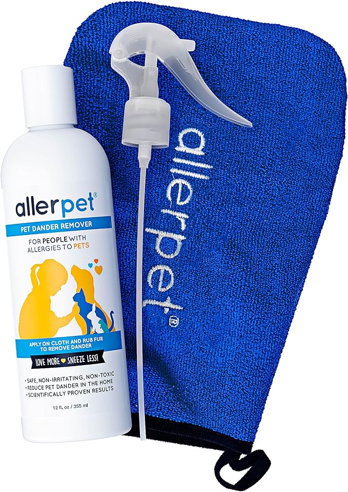 Allerpet Multi-Pet Dander Remover with FREE Application Mitt & Sprayer - Best Pet Dander Remover for Allergens - For Dog/Cat Dry Skin Treatment - Made in USA - (12oz)