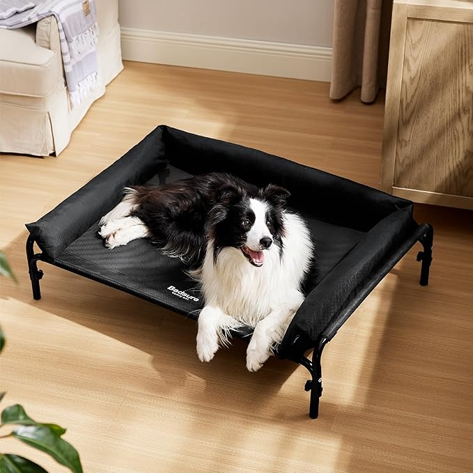 Bedsure XL Elevated Raised Outdoor Dog Bed - Cooling Dog Cot Bed with Bolster for Extra Large Dog, Lifted Pet Bed with Breathable Teslin Mesh, Dog Hammock Bed with Non-Slip Feet, Black, 42 inches