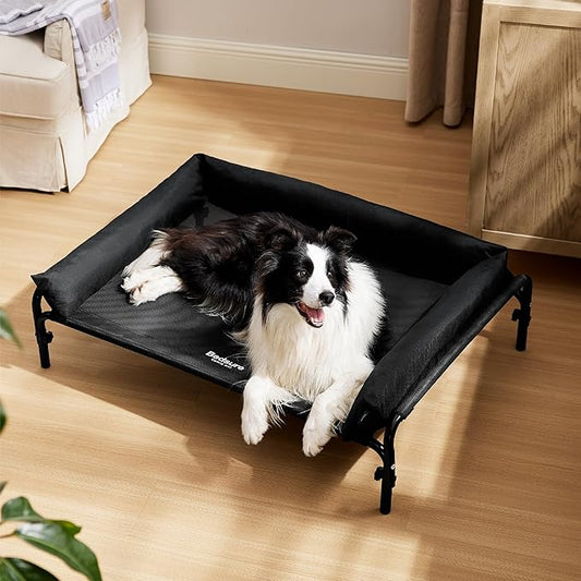 Bedsure XL Elevated Raised Outdoor Dog Bed - Cooling Dog Cot Bed with Bolster for Extra Large Dog, Lifted Pet Bed with Breathable Teslin Mesh, Dog Hammock Bed with Non-Slip Feet, Black, 42 inches