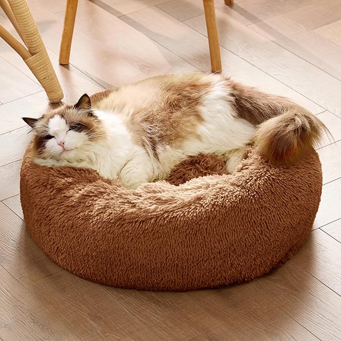 Bedsure Calming Cat Beds for Indoor Cats - Small Cat Bed Washable 20 inches, Anti-Slip Round Fluffy Plush Faux Fur Pet Bed, Fits up to 15 lbs Pets, Caramel