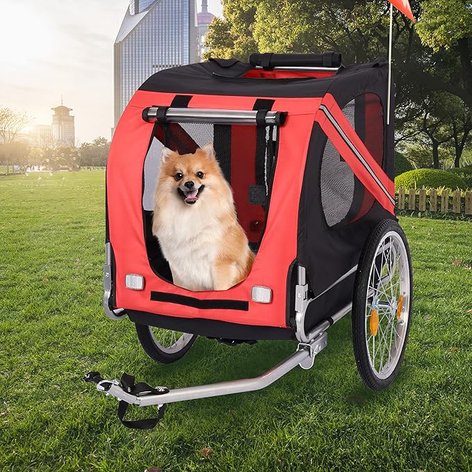 Bike Dog Trailer Folding Cart Frame with 3 Entrances Safety Flag 8 Reflectors, 20" Rear Wheels, Quick Conversion Bicycle Carrier for Medium Small Pets