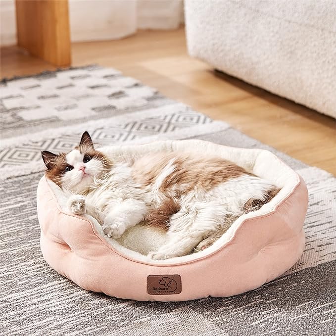 Bedsure Dog Beds for Small Dogs - Round Cat Beds for Indoor Cats, Washable Pet Bed for Puppy and Kitten with Slip-Resistant Bottom, 20 Inches, Peach Pink