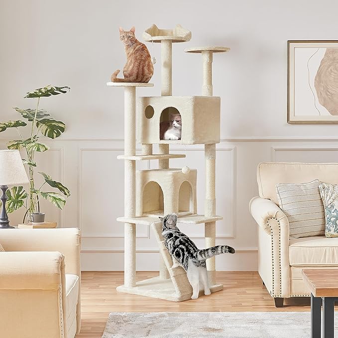 Yaheetech XL Cat Tree, 80in Multi-Level Cat Tower w/Cat Scratching Posts, Double Cat Condo, Perched Platforms and Dangling Balls, Cat Stand House for Kittens Pet, Beige