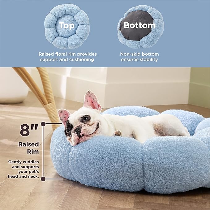 Lesure Calming Medium Dog Bed - Flower Donut Round Fluffy Puppy Bed in Plush Teddy Sherpa, Non-Slip Cute Flower Cat Beds for Indoor Cats, Medium Pet Bed Fits up to 45 lbs, Machine Washable, Blue 30"