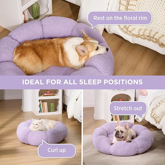 Lesure Calming Small Dog Bed - Flower Donut Round Fluffy Puppy Bed in Plush Teddy Sherpa, Non-Slip Cute Flower Cat Beds for Indoor Cats, Small Pet Bed Fits up to 25 lbs, Machine Washable, Purple 23"