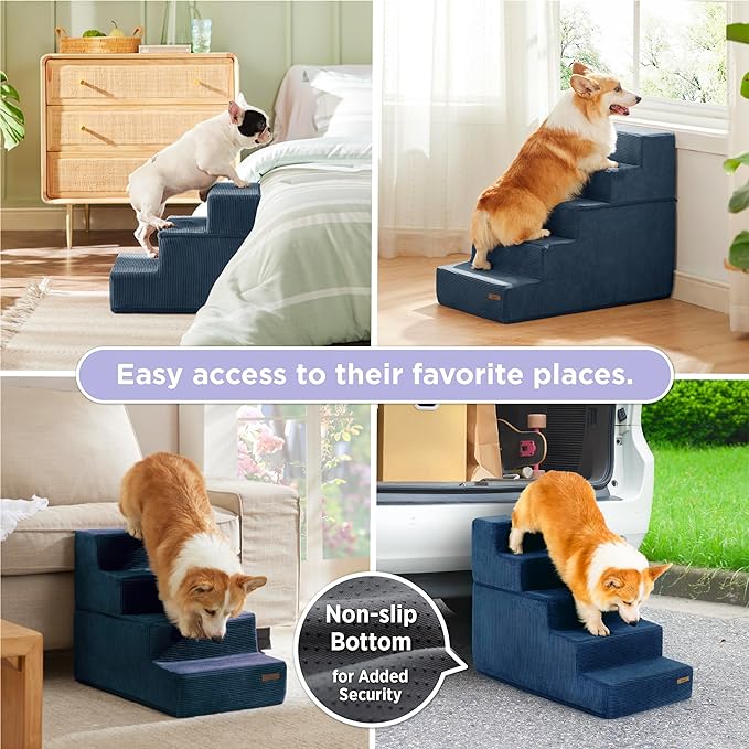 Lesure Dog Stairs for Small Dogs - Pet Stairs for Beds and Couch, Folding Pet Steps with CertiPUR-US Certified Foam for Cat and Doggy, Non-Slip Bottom Dog Steps, Navy Blue, 3 Steps