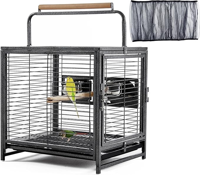 Yaheetech 25.5'' Wrought Iron Bird Travel Carrier Cage Parrot Cage with Handle Wooden Perch & Seed Guard for Small Parrots Canaries Budgies Parrotlets Lovebirds Conures Cockatiels