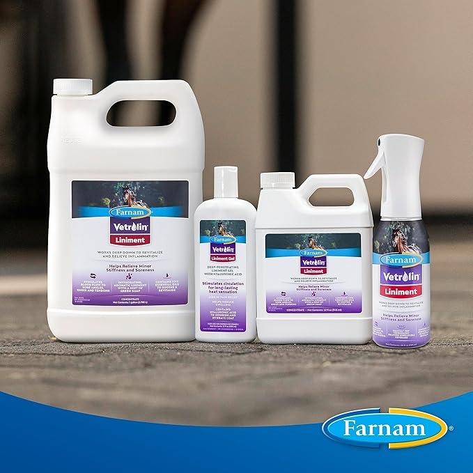 Farnam Vetrolin Horse Liniment for Muscle Soreness, Stiffness and Inflammation Relief on Horses, Helps Reduce Swelling, Aids in Pain Relief, 32 Oz.