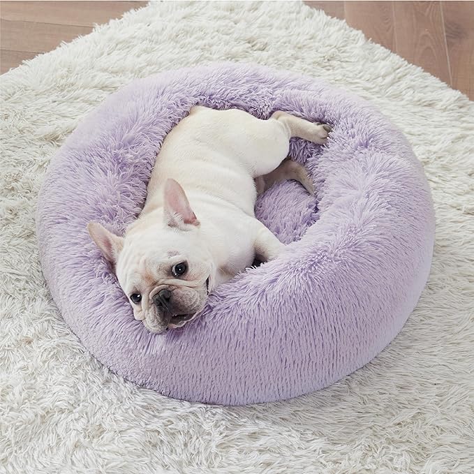 Bedsure Calming Dog Bed for Small Dogs - Donut Washable Small Pet Bed, 23 inches Anti-Slip Round Fluffy Plush Faux Fur Large Cat Bed, Fits up to 25 lbs Pets, Purple