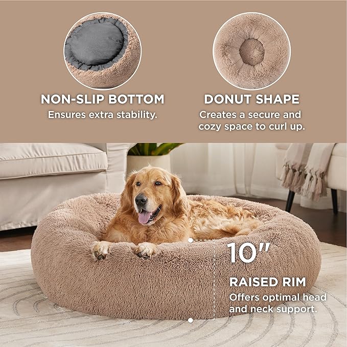 Bedsure Calming Dog Bed for Extra Large Dogs - Donut Washable Large Pet Bed, 45 inches Anti-Slip Round Fluffy Plush Faux Fur Dog Bed, Fits up to 125 lbs Pets, Camel