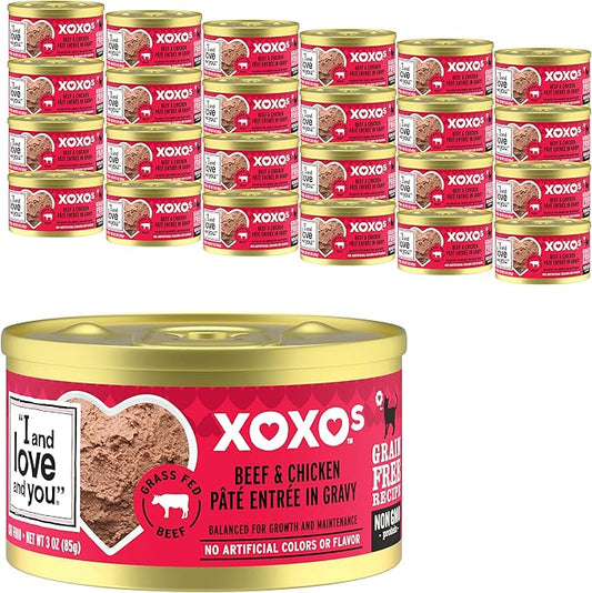 I AND LOVE AND YOU" XOXOs Canned Wet Cat Food, Beef and Chicken Pate, Grain Free, Real Meat, No Fillers, 3 oz Cans, (Pack of 24)