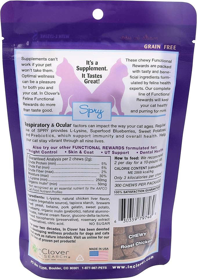 In Clover Spry, Cat Eye Care Support, L-Lysine Cat Treat Supplement, Cat Immune Support Supplement, Cat Health Daily Treat, Prebiotic Cat Health Support, Cat Antioxidant Respiratory Health for Cats