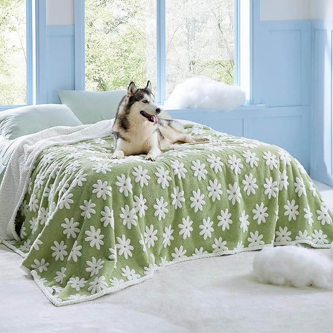 Lesure Waterproof Dog Blanket for Large Dogs - Washable Double Sided Dog Blankets with Warm Jacquard Shag and Soft Sherpa Fleece, Pet Cat blanket for Queen Bed Protection, 3D Textured Flower, Green