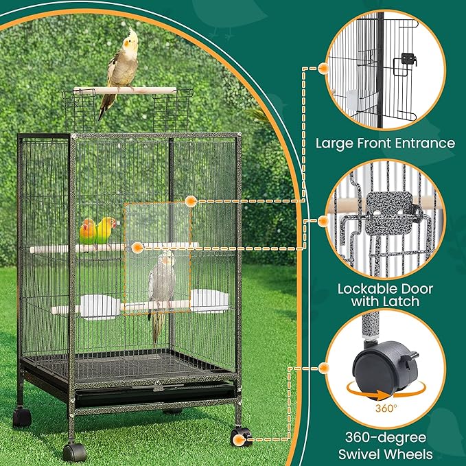 Yaheetech 35 inch Wrought Iron Bird Cage w/Play Open Top and Rolling Stand for Small Birds Like Parrots Conure Lovebird Cockatiel Lovebirds Budgies