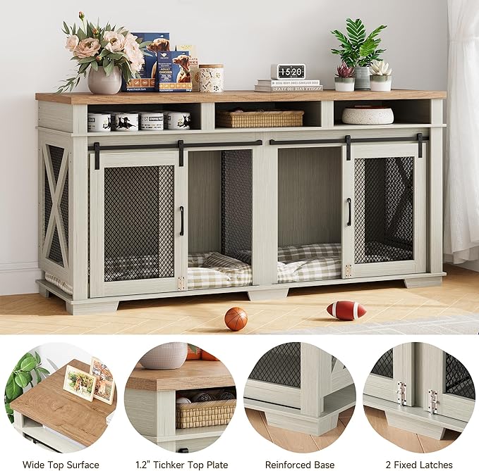 71" Extra Large Dog Crate Furniture, Wooden Double Dog Crates Kennel Cage,Furniture Style TV Stand Side End Table for 2 Dogs with Removable Divider for Large Dogs,3 Storage,White/Light Oak