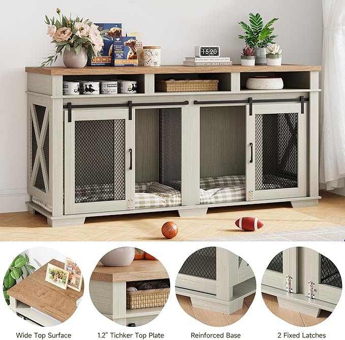 Dog Crate Furniture, 71" Heavy Duty Dog Kennel with 3 Storage Cubby for 2 Dogs, Versatile Dog House with Removable Divider and 2 Sliding Barn Door for Large Dog, White/Light Oak