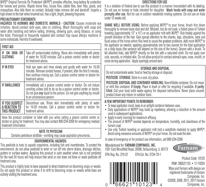 Farnam Wipe Original Formula Fly and Tick Protectant for Horses, Ready-to-Use Formula, 32 Fluid Ounces, One Quart Container