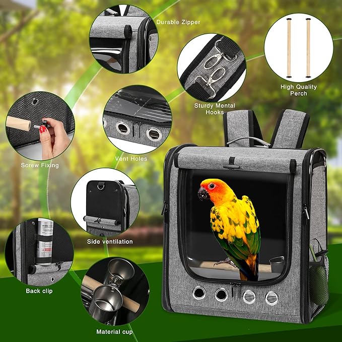 SUERTREE Bird Carrier Bag Bird Travel Cage with Stand, Lightweight Backpack for Parrot, Portable Bird Travel Bag, Pet Transparent Breathable Travel Cage (X-Large)