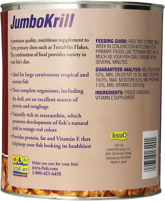 Tetra JumboKrill Freeze-Dried Jumbo Shrimp 14 Ounces, Natural Shrimp Treat For aquarium Fish, red (16200)