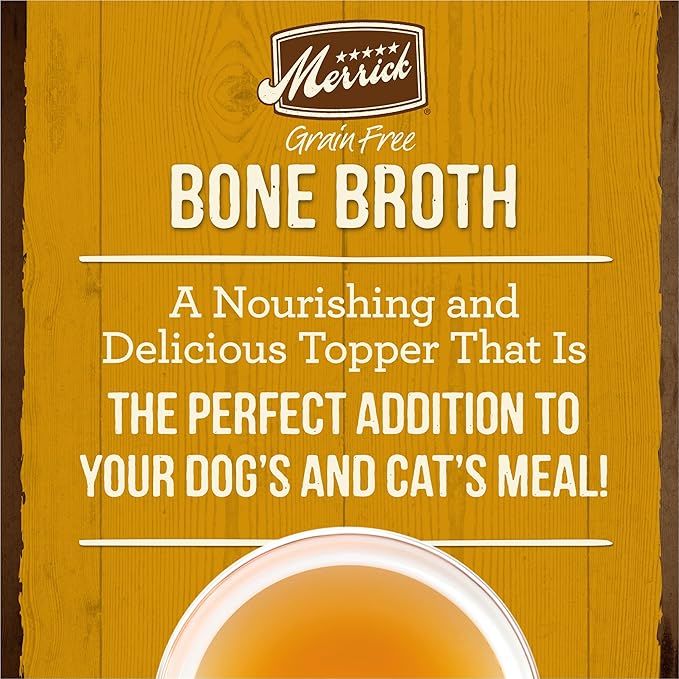 Merrick Grain Free Bone Broth, Premium Human Grade And Gluten Free Dog And Cat Food Topper Pouches, Chicken - 7 oz. Pouch (Pack of 4)