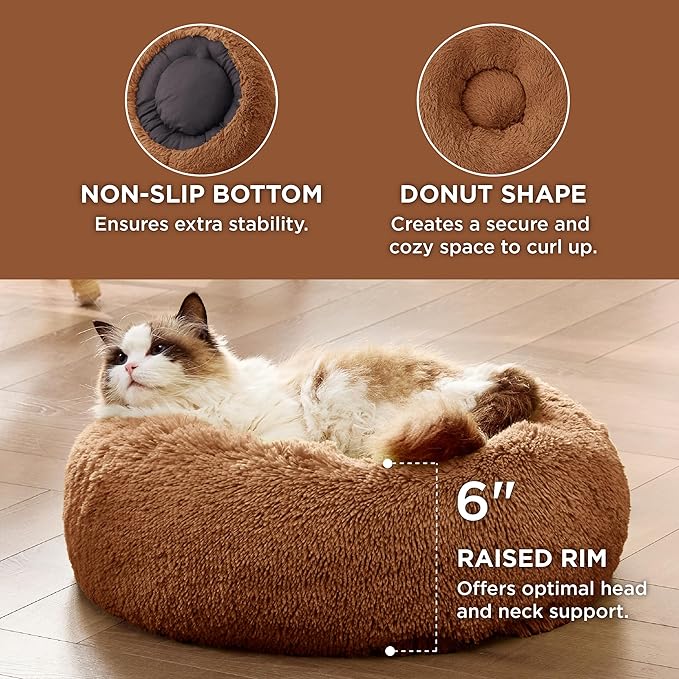 Bedsure Calming Cat Beds for Indoor Cats - Small Cat Bed Washable 20 inches, Anti-Slip Round Fluffy Plush Faux Fur Pet Bed, Fits up to 15 lbs Pets, Caramel