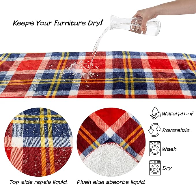 PETMAKER Waterproof Pet Blanket - 50x60 Reversible Plaid Dog Throw Protects Couch, Car, Bed from Spills, Stains or Fur - Dog and Cat Blankets (Red)