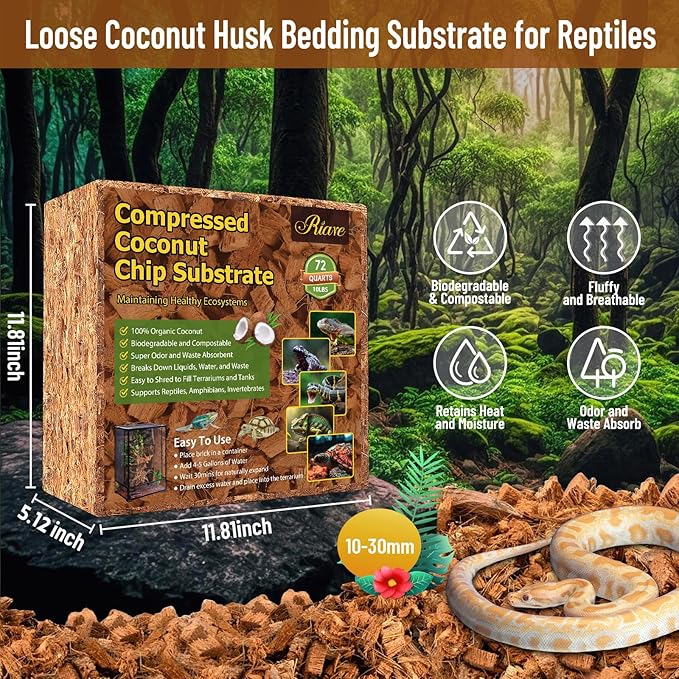 10LB Coconut Chip Substrate for Reptiles, 72 Quart Coconut Fiber Substrate Coco Chips Substrate Coconut Husk Bedding for Snakes, Tortoises, Ball Python, Bearded Dragon, Geckos, Lizards, Frogs