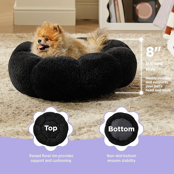 Lesure Calming Small Dog Bed - Flower Donut Round Fluffy Puppy Bed in Plush Teddy Sherpa, Non-Slip Cute Flower Cat Beds for Indoor Cats, Small Pet Bed Fits up to 25 lbs, Machine Washable, Black 23"