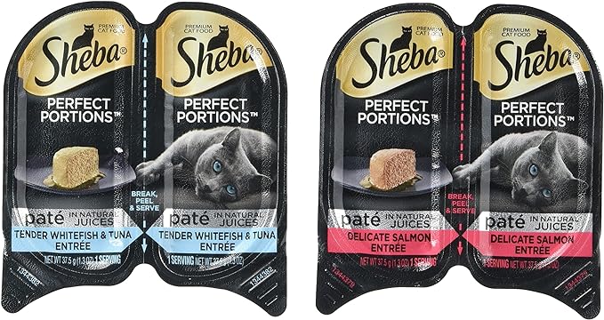 Sheba Perfect Portions Wet Cat Food, Delicate Salmon Entrée and Tender Whitefish and Tuna Entrée, (12) 2.6 Oz Twin-Pack Trays