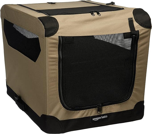 Amazon Basics - 2-Door Portable Soft-Sided Folding Soft Dog Travel Crate Kennel, Small, Tan, 26.0"L x 18.1"W x 18.1"H