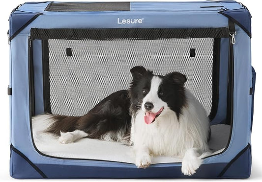 Lesure Collapsible Dog Crate - Portable Dog Travel Crate Kennel for Large Dog, 4-Door Pet Crate with Durable Mesh Windows, Indoor & Outdoor (Blue)