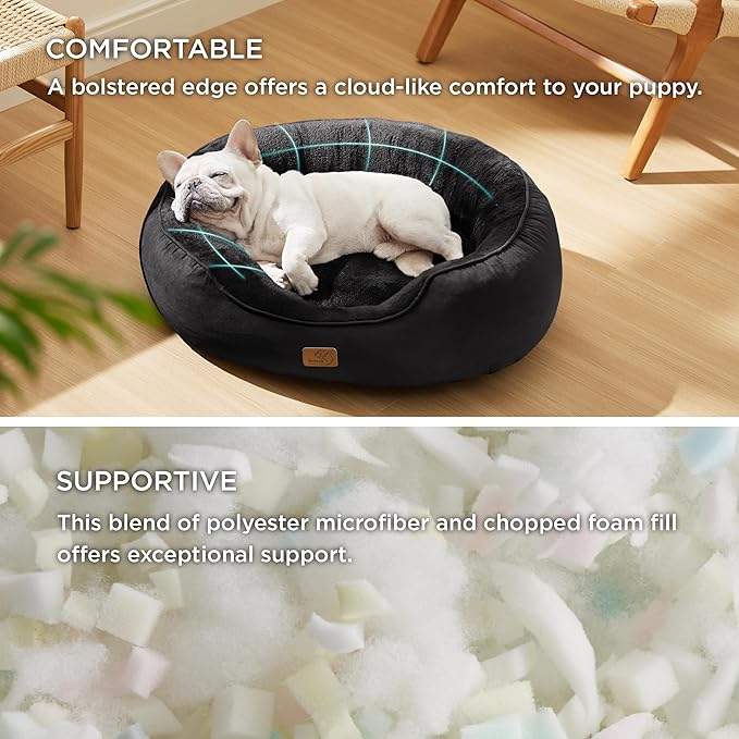 Bedsure Dog Bed for Medium Dogs - Round Washable Medium Pet Bed, Anti-Slip Donut Fluffy Plush Indoor Fur Cat Bed, 30 inches, Black