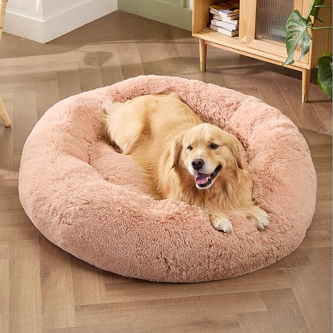 Bedsure Calming Dog Bed for Extra Large Dogs - Donut Washable Large Pet Bed, Anti-Slip Round Fluffy Plush Faux Fur Dog Bed, Fits up to 125 lbs Pets, Pink, 45 inches