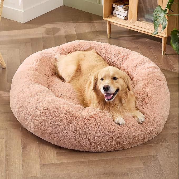 Bedsure Calming Dog Bed for Extra Large Dogs - Donut Washable Large Pet Bed, Anti-Slip Round Fluffy Plush Faux Fur Dog Bed, Fits up to 125 lbs Pets, Pink, 45 inches