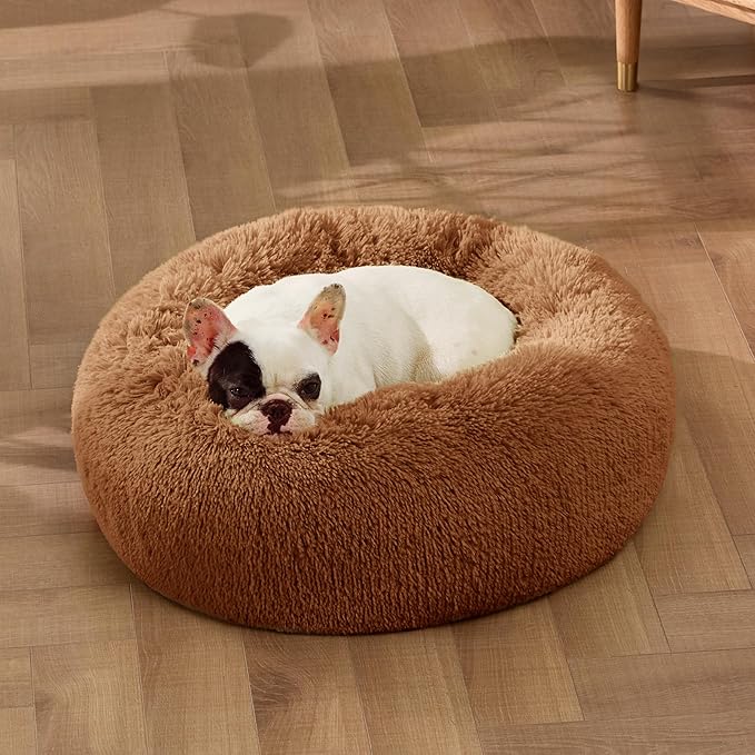 Bedsure Calming Dog Bed for Small Dogs - Donut Washable Small Pet Bed, 23 inches Anti-Slip Round Fluffy Plush Faux Fur Large Cat Bed, Fits up to 25 lbs Pets, Caramel