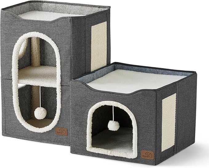 Bedsure 2-Level Cat House for Indoor Cats - Small Cat Towers with Scratch Pad and Hideaway Condo, Cat Cave Bed Furniture for Multi Pets and Large Cats, 18x14x23 inches, Dark Grey