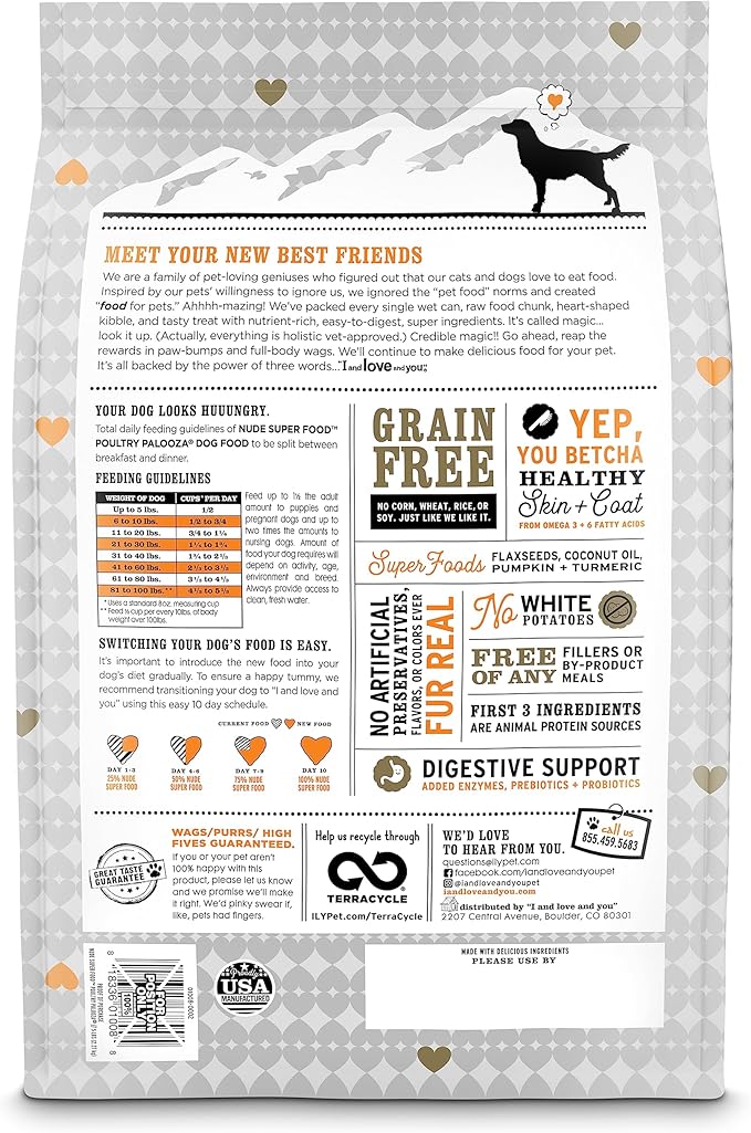 I and love and you Nude Super Food Dry Dog Food - Turkey + Chicken - Prebiotic + Probiotic, Grain Free, Real Meat, No Fillers, 5lb Bag