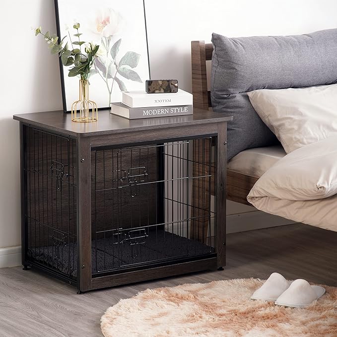 DWANTON Dog Crate Furniture with Cushion, Wooden Crate with Double Doors, Dog Kennel Indoor for Small/Medium/Large Dog, End Table, Small, 27.2" L, Dark Grey