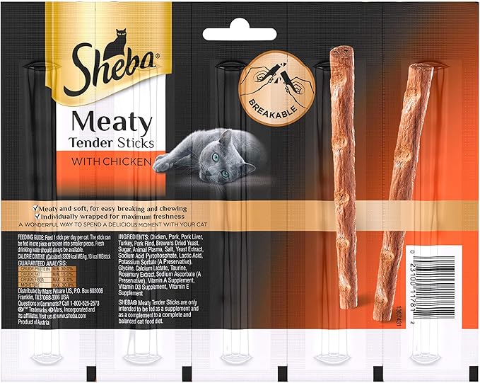 Sheba Treats Meaty Tender Sticks Soft Cat Treats Chicken Flavor, (5 Treats) 0.14 oz. Sticks (Pack of 10)