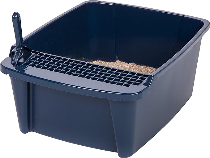 IRIS USA Large Cat Litter Box Enclosure with Front Door Flap and Scoop, Split Hooded Kitty Litter Tray with Entry Gate for Privacy and Keeping Litter Inside, Navy