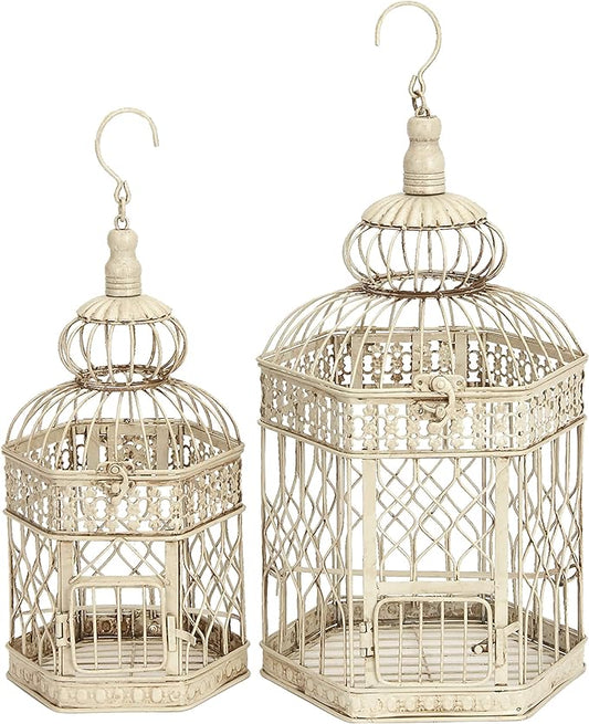 Deco 79 66520 Inch, Set of 2 Metal Bird Cage, 21", 18"H, Cream, 2 Count
